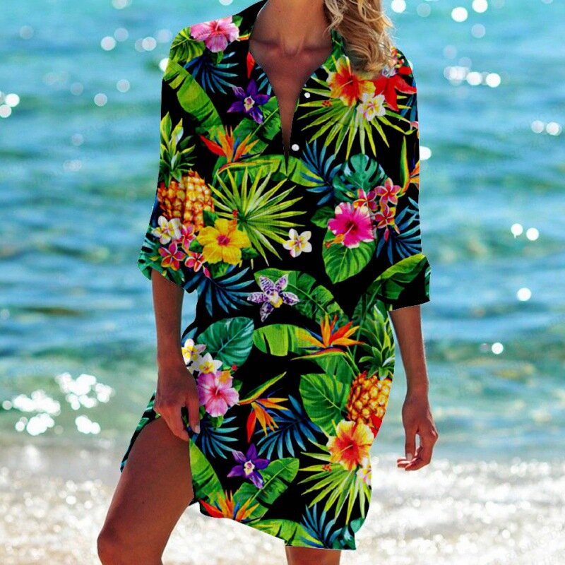 Tropic Plant Flower Blouse Button Up Long Sleeve Shirt Flamingo Blouses Women Fashion Long Blouse Women Shirts Sunscreen Holiday