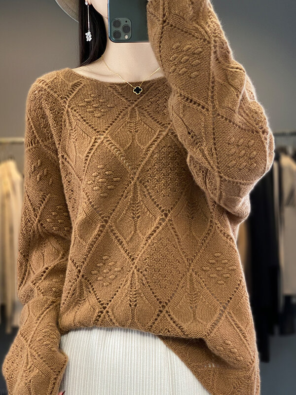 Aliselect moda damska sweter sweter z okrągłym dekoltem Vintage 100% wełna merynosów z długim rękawem dzianina z dziurami odzież wiosenna topy