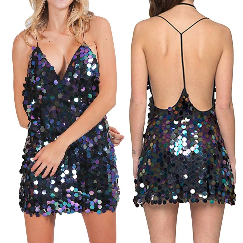 Gaun koktail untuk wanita 2024 tali Spaghetti Deep V Neck Backless Glitter payet gemerlap Clubwear gaun malam Prom Vestidos
