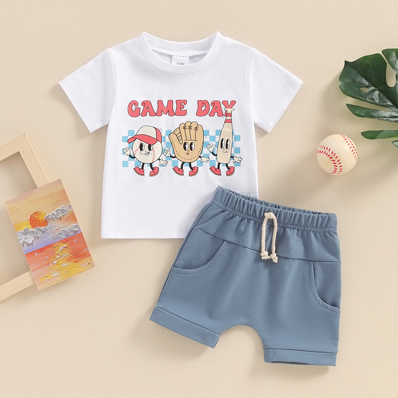 Roupas de beisebol para bebês, dia de jogo, acalme suas luvas, camiseta manga curta, tops e shorts, roupas de verão