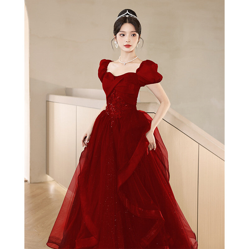 Burgundy Vintage Plus Size 3XL Dress Women's Wedding Engagement Party Dresses Fashion Elegant Temperament Gauze Vestidos