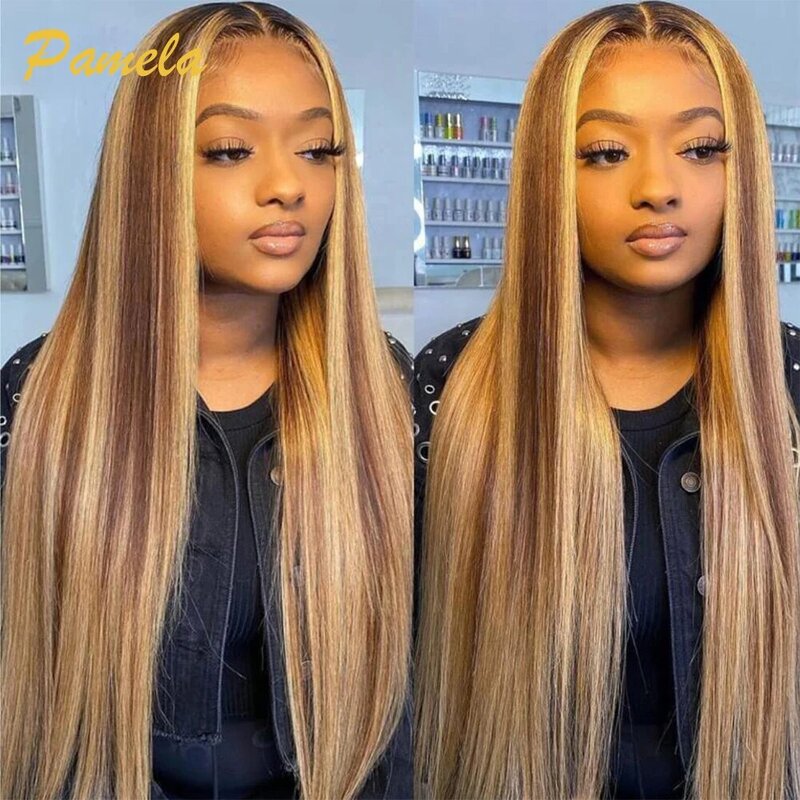 Honey Blonde Straight Lace Front Wig para Mulheres, Cabelo Humano, HD Transparente Lace Frontal Perucas, Destaque Colorido, 13x6, 4/27, 30in