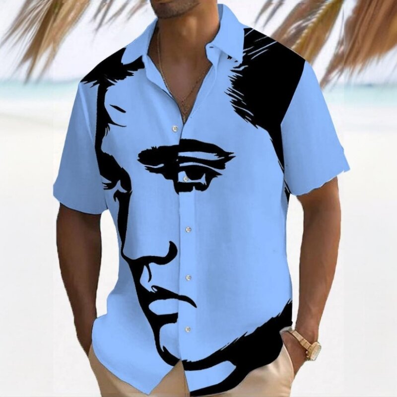 Camisa masculina de manga curta com estampa facial 3D, roupa casual de praia, tops havaianos grandes soltos, tops simples, novo, 2024