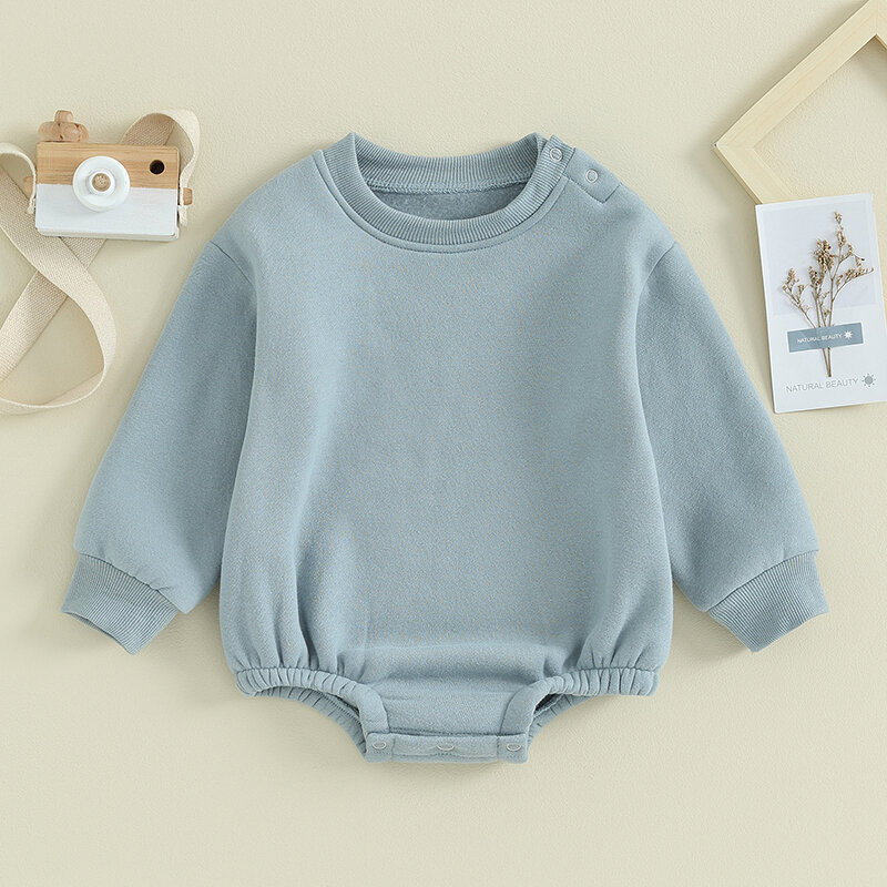 Atasan Bodysuit Pullover bayi laki-laki perempuan, kaus sweter kerah bundar ukuran besar, Romper lengan panjang warna polos untuk bayi laki-laki dan perempuan