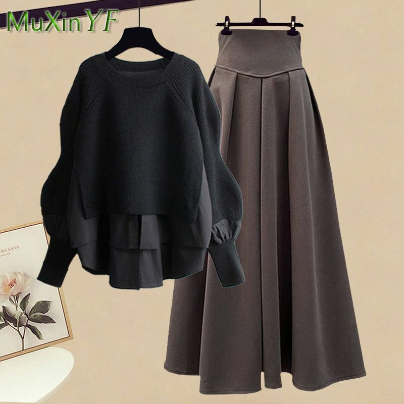 2023 Herbst/Winter neue koreanische elegante Spleiß gefälschte zweiteilige Strick pullover Kleid passende Set Damen schicke Pullover Rock Set