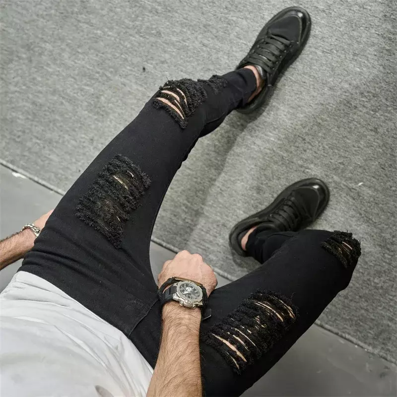 Streetwear uomo fori alla moda Jeans Skinny neri uomo primavera Jogging Leggings Casual pantaloni in Denim a matita pantaloni da uomo alla moda
