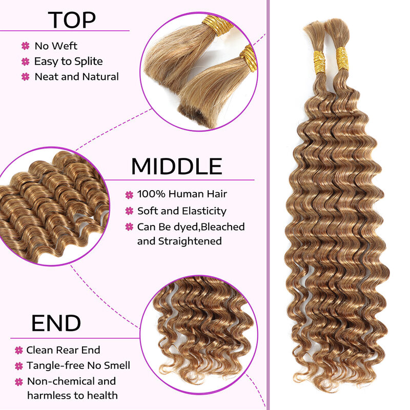 Linhua 27# Deep Wave Bulk Human Hair For Braiding Boho Braids Honey Blonde Crochet Micro Knotless Bohemian Braids Double Drawn