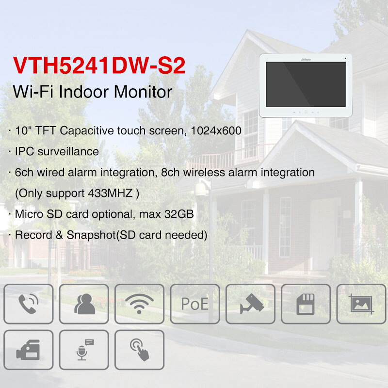 Dahua Multi-language VTH5241DW-S2 Original 10 Inch TFT WiFi Indoor Monitor Video Intercom VTO Wireless Doorbell IP Camera Alarm