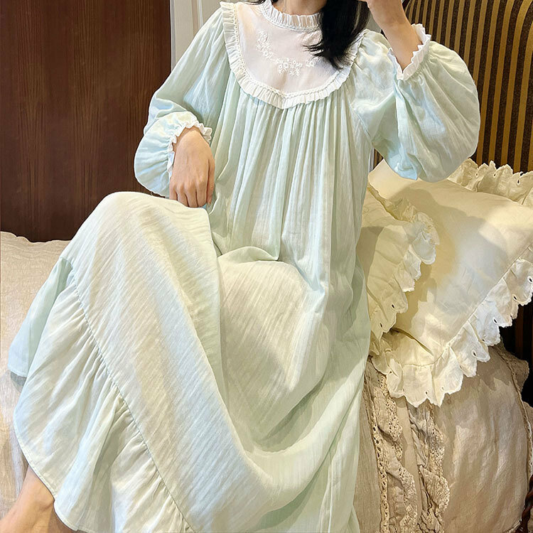Francuski styl koszula nocna damska z długim rękawem wiosna jesień solidna koszula nocna damska marszczona księżniczka bielizna nocna dla kobiet 2024