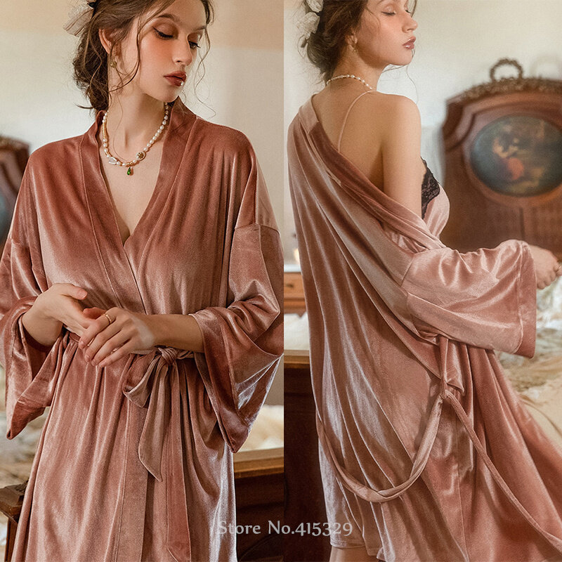 Warm Velvet Bathrobe Gown for Lady Sexy Cami Sleepwear Autumn Winter Wedding Robe Suit Nightgown Split Lace Trim Homewear