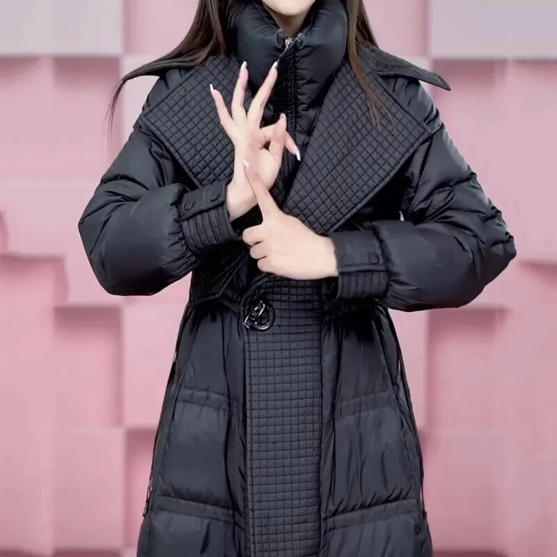 Новинка Зима 2023, Высококачественная пуховая куртка с хлопковой подкладкой, женское облегающее утепленное пальто выше колена, женское черное пальто, женские топы