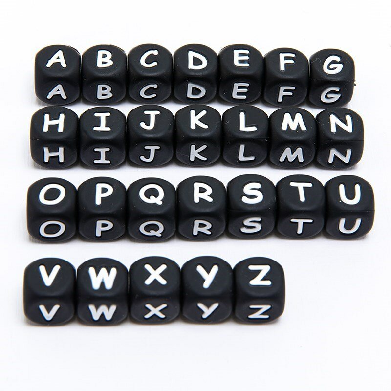20 szt. 12MM czarne silikonowe litery koraliki Baby Teether alfabet spożywczy Perle kulki silikonowe gryzak z zawieszką bransoletka dla dzieci