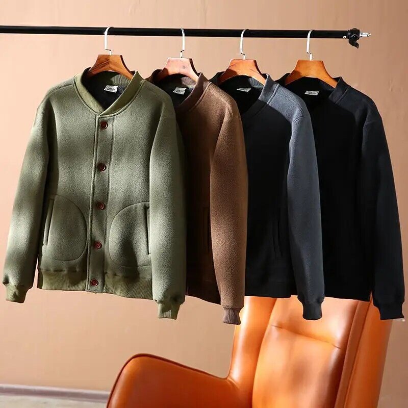 Autumn/Winter Solid Color Warm Jacket Men's Single Breasted Baseball Neck Thickened Sweater Outdoor Sports Hiking Jackets Male