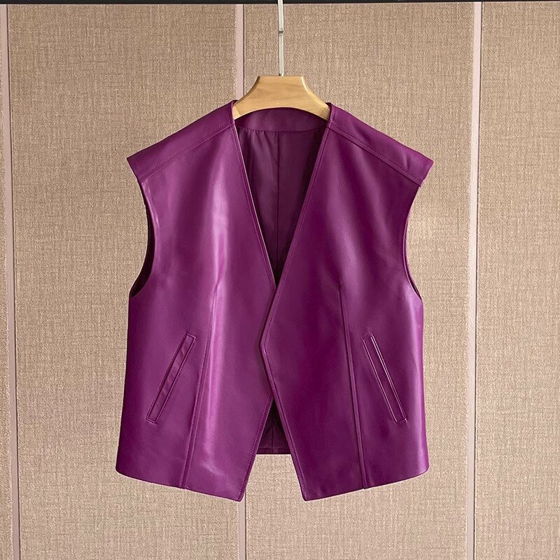 Women's V-Neck Solid Leather Vest, Loose Tank Top, Genuine Sheepskin Vest, Clip Sleeveless Coat, Spring and Autumn