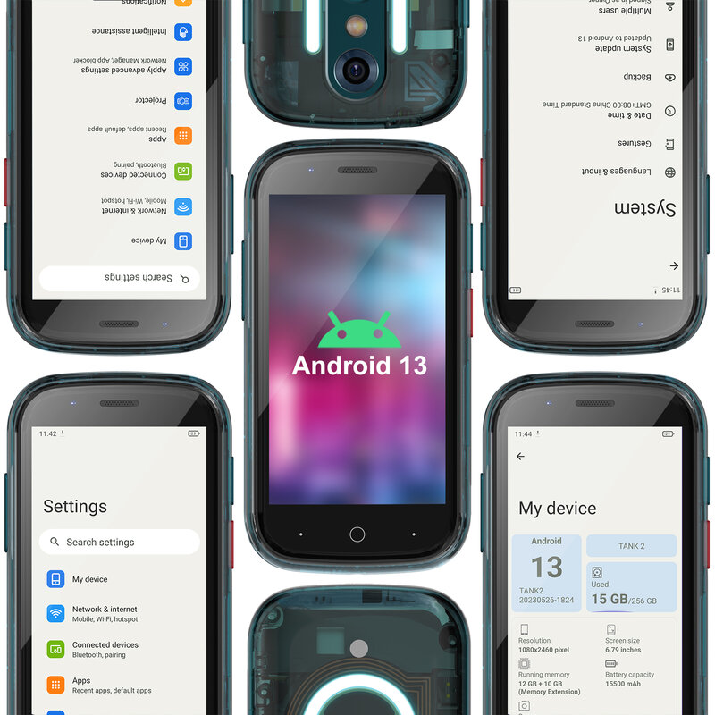 Unihertz 젤리 스타 미니 스마트폰, 잠금 해제 투명 백쉘 휴대폰, 안드로이드 13, 8GB, 256GB, LED 조명, 48MP, 3 인치 휴대폰