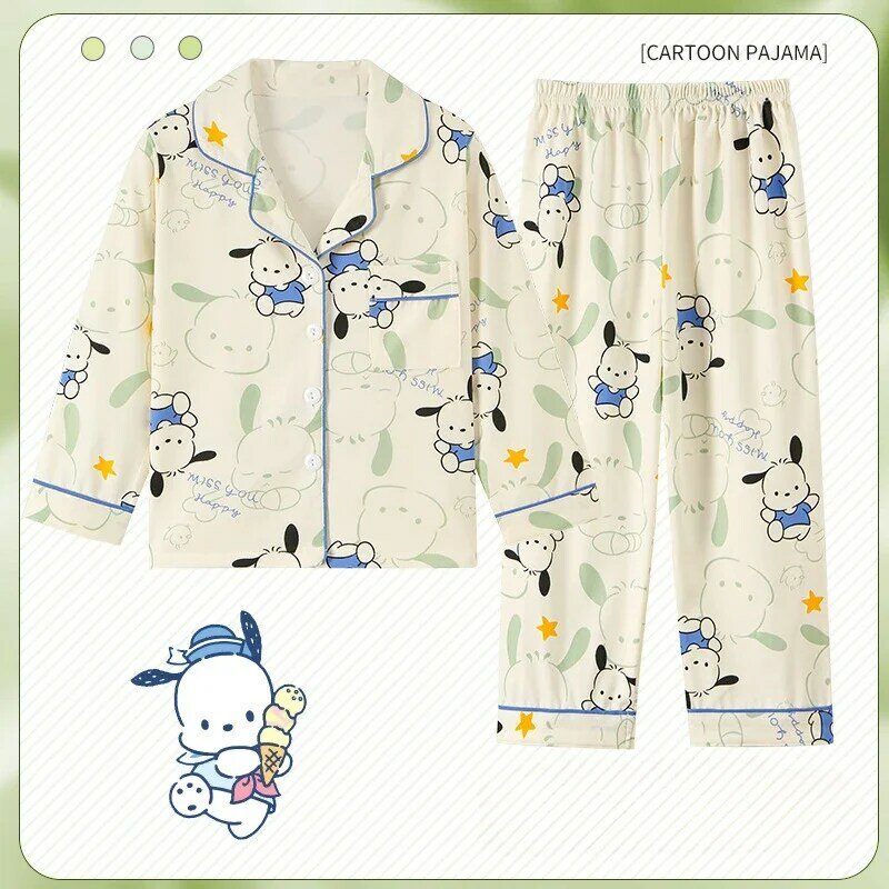 New Sanrio Cinnamoroll Kuromi My Melody Children Cartoon Pajamas Casual Spring Long Sleeve Flip Neck Cardigan Girls Nightwear