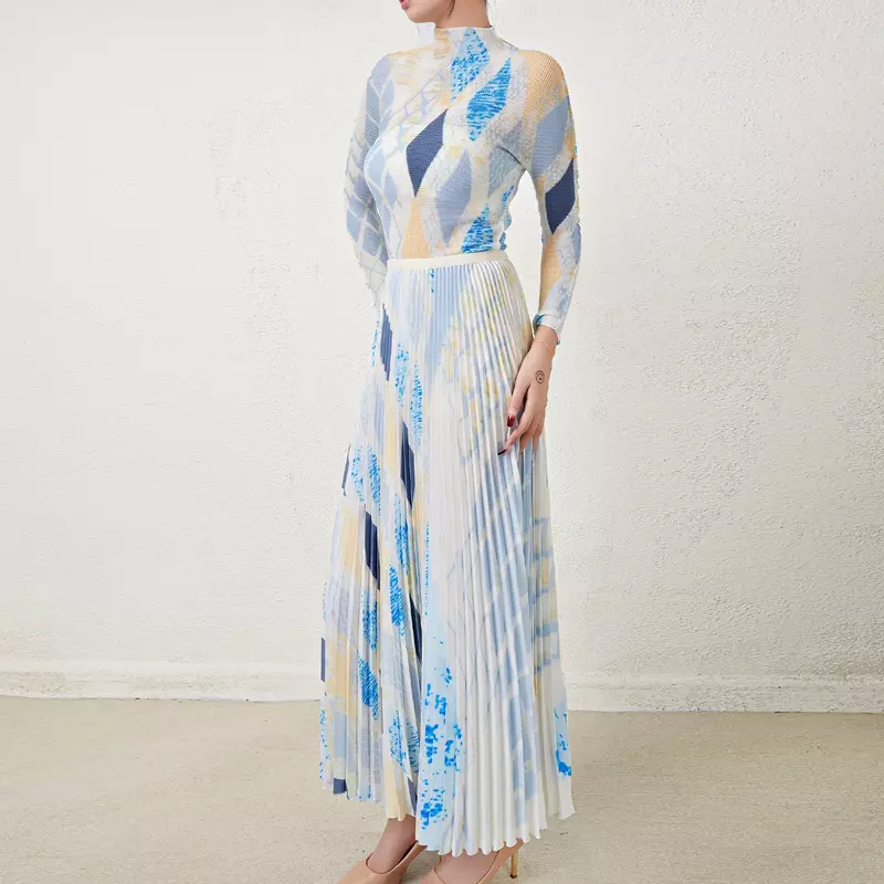 Conjunto de dos piezas a la moda para mujer, Top plisado estampado, media falda, primavera y otoño, 2023