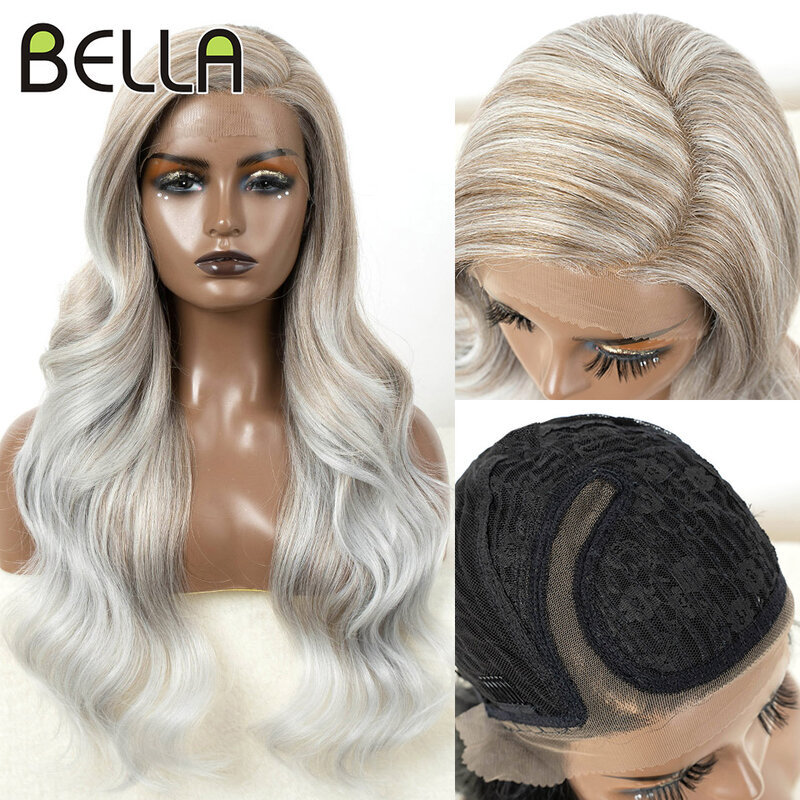 Bella Body Wave Synthetic Lace Front Wigs For Women C Part Wig 26 inches Ombre Brown Silver Rose Red Colored Cosplay Lace Wigs