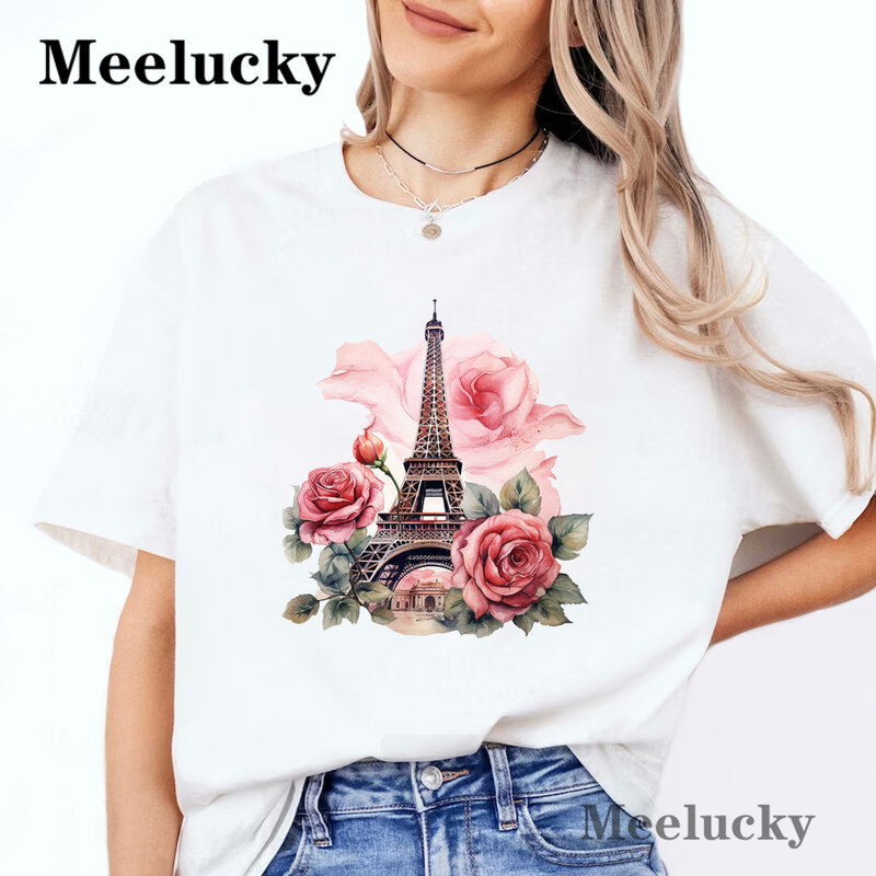 Camiseta con estampado de flores y torres para mujer, ropa informal de algodón puro, manga corta, Verano