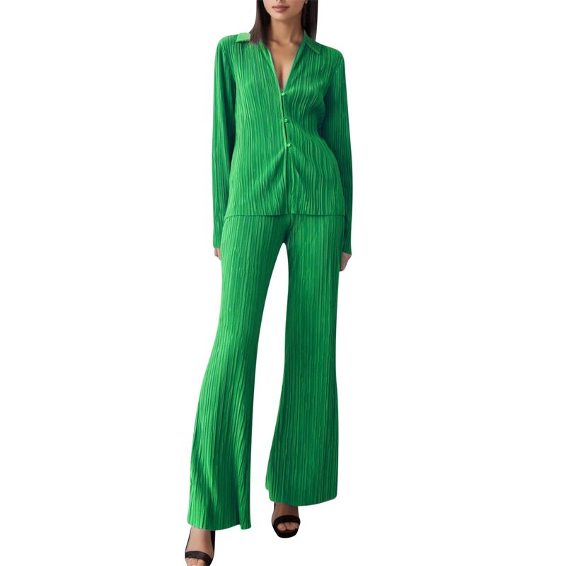 Casual Chic Solid Color Pleated Pants Suits Y2K Women Two-piece Long Sleeve Button down Shirts and Straight Leg Trousers Set