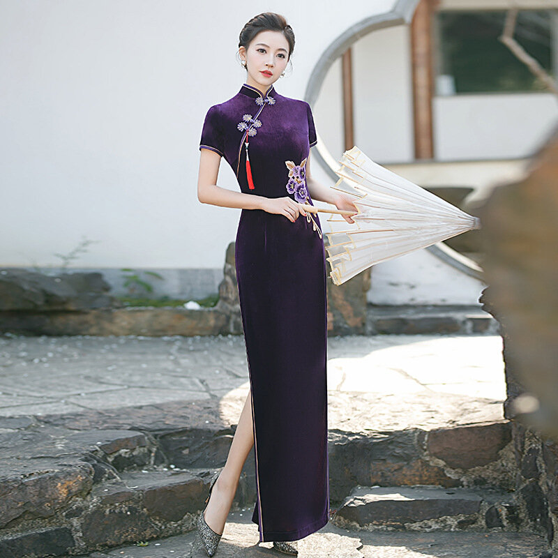 Plus Size 5XL Women Long Elegant Cheongsam Velvet Tight Fit Qipao Autumn Winter Vintage Chinese Traditional Dress Vestidos