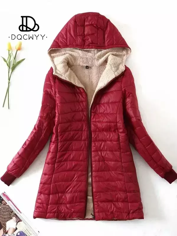 Damesjack Winter Nieuwe Mid-Length Koreaanse Editie Capuchon Plus Fleece Katoenen Jas Warme Lamsfleece Parkas Winterjassen