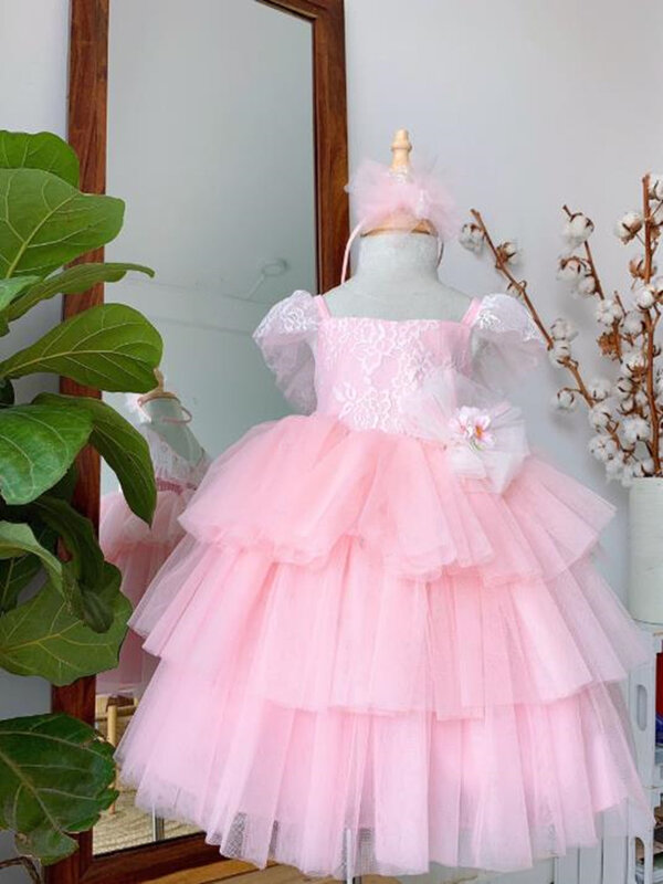 Pink Tiered Princess Flower Girls Dresses Puffy Tulle Children Beauty Pageant Ball Gown Birthday Party First Communion Wear