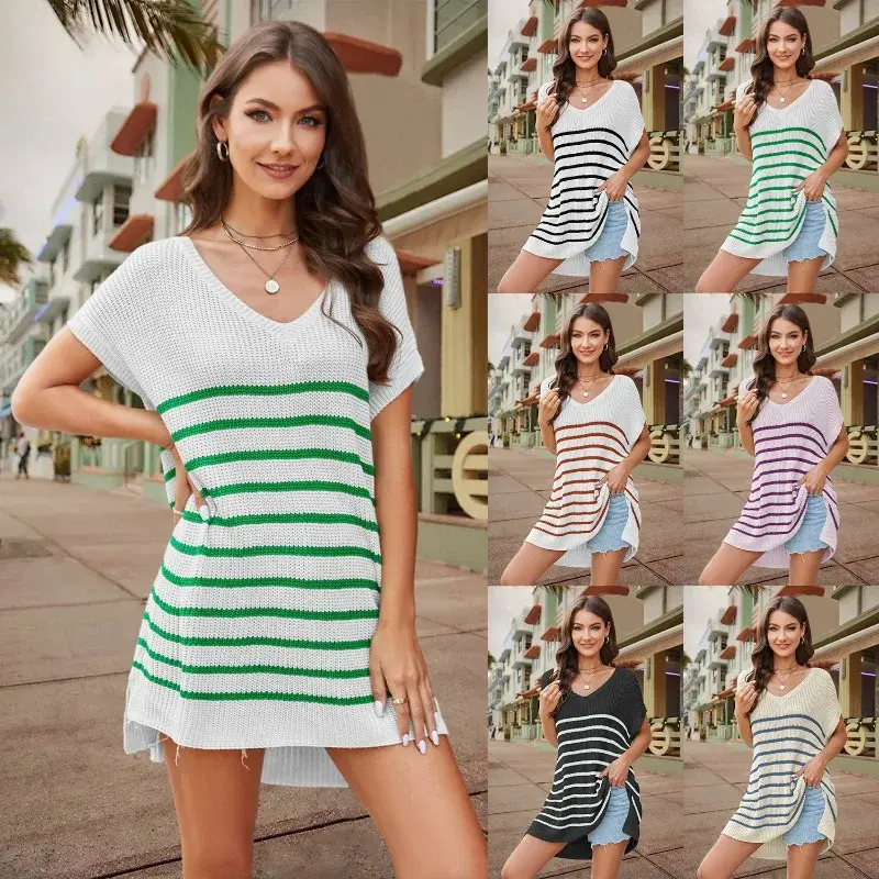 2024 Spring/Summer New Women's Wear European and American Stripe Colored V-neck Knitwear Loose Large Size Top SFC32-4