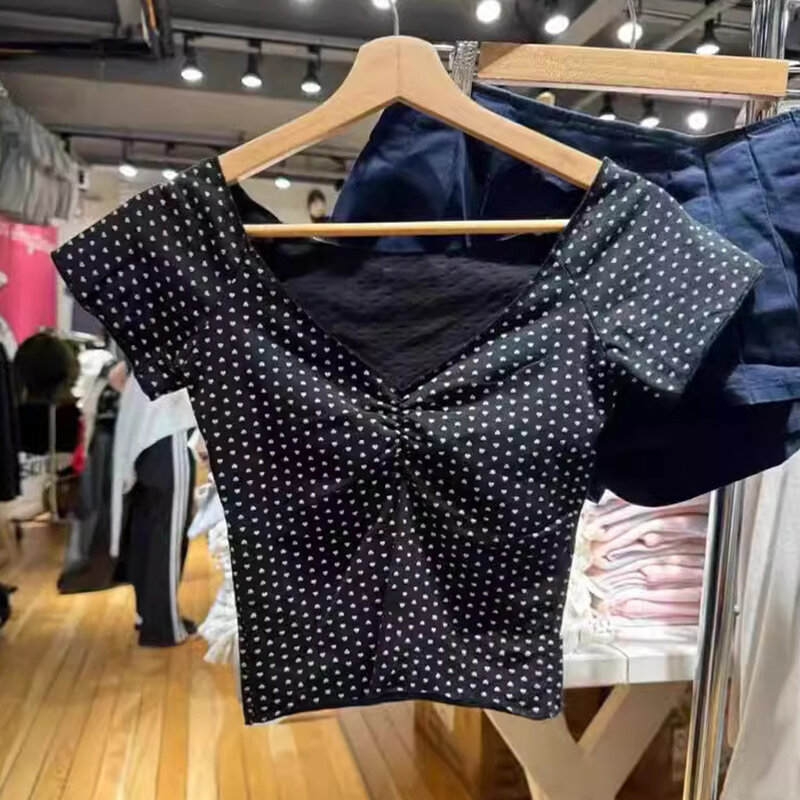 Kaus Polka Dot Pelated Wanita Pakaian Musim Panas 2024 katun leher V seksi lengan pendek Tee Atasan Anak perempuan muda 2000s Y2K T-Shirt