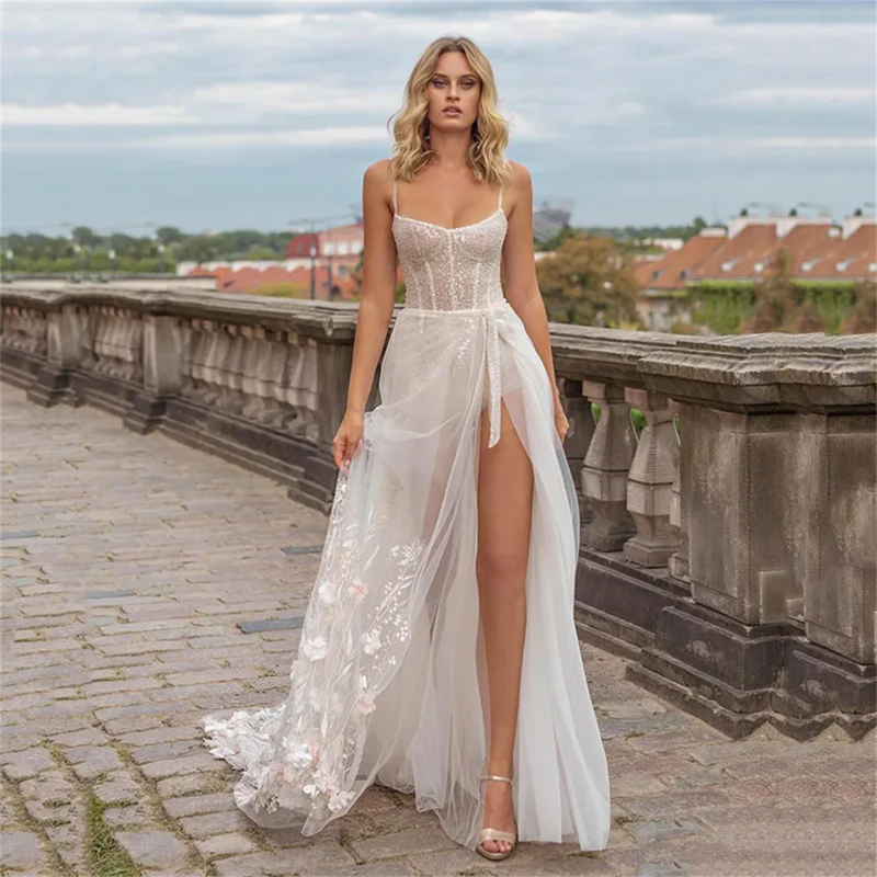 Poranne światło suknia ślubna 2023 suknie ślubne z rozcięciem panny młodej suknie ślubne dla kościoła koronki bez pleców kobieta Amanda Novias