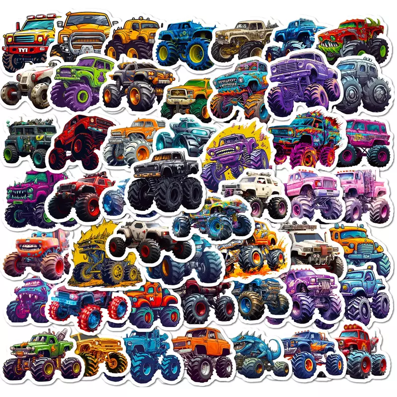 Pegatinas de dibujos animados de Monster Truckr para coche, maletas modificadas, portátiles, teléfono, guitarra, taza de agua, juguetes para niños, pegatinas impermeables, 50 piezas