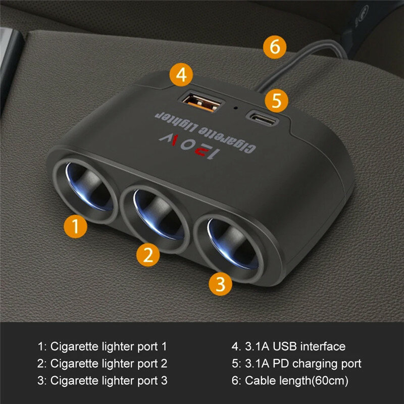 3 W 1 gniazdo Dual USB 120W zapalniczka samochodowa 12V 24V szybki zasilacz do telefonu wtyczka ładowarki wideorejestrator samochodowy GPS Dashcam