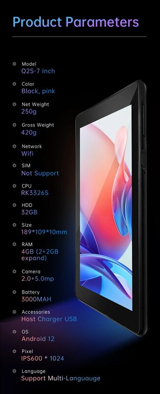 タブレットI-Atar-Q2S Android12,7インチ,rk3326s,クアッドコア,4GB, 32GB,wifi,小さくて薄い,スタイリッシュ,世界に素晴らしい