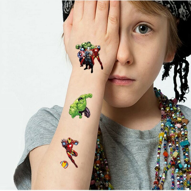 Pegatinas de tatuaje de Los Vengadores para niños, pegatina de superhéroe Original impermeable con temática Disney, suministros de fiesta de cumpleaños, regalo de dibujos animados, nuevo