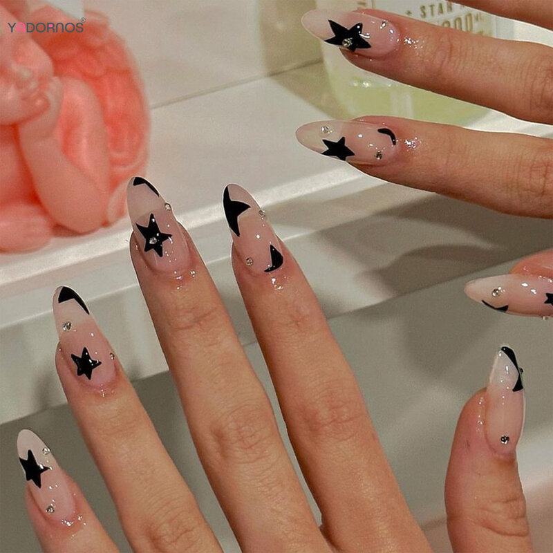 Almencla uñas postizas de Color Nude con estampado de estrella de cinco puntas, uñas postizas portátiles con diseño de diamante para niñas y2k, Color negro