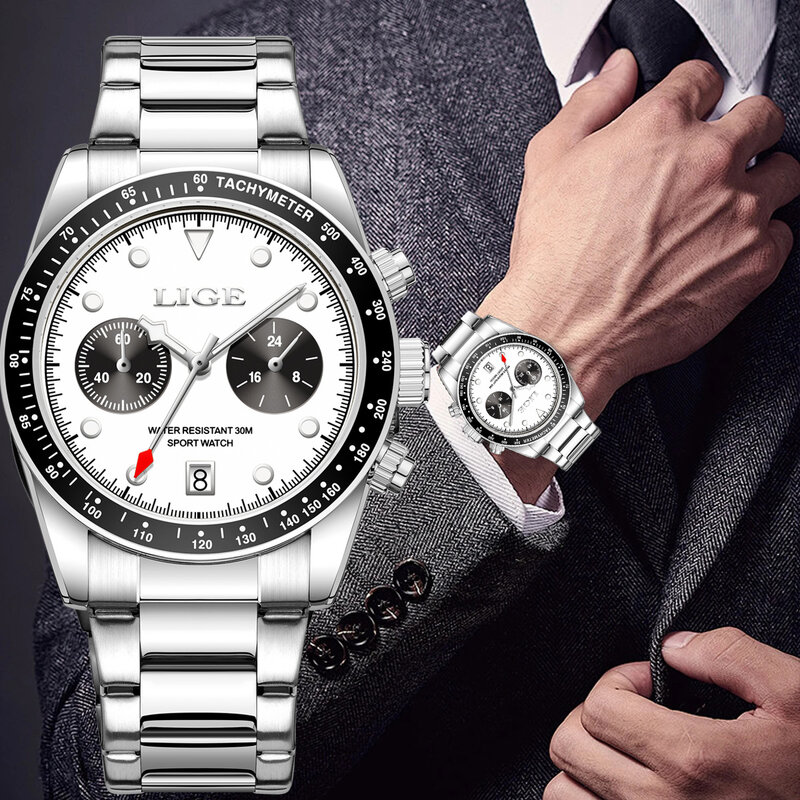 LIGE luksusowy zegarek dla mężczyzny wodoodporny świecący datownik Luminous męski zegarek ze stali nierdzewnej Casual męskie zegarki kwarcowe męski zegar + pudełko