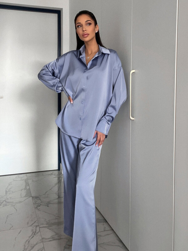 Marthaqiqi Casual Women Nightgown Set Turn-Down Collar Nightie Long Sleeve Sleepwear Wide Leg Pants Ladies Pajamas 2 Piece Suit