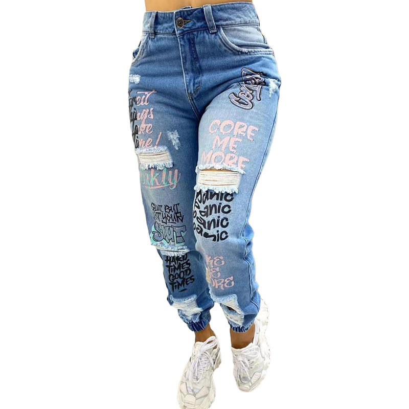 Carta impressão jeans rasgado para mulheres, bolso Slant, jeans casual, novo, 2024