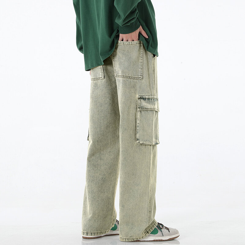 Jeans de carga masculina com vários bolsos, macacão jovem, calças largas de perna, streetwear vintage, calças largas, rua alta americana, moda Y2K, nova para outono