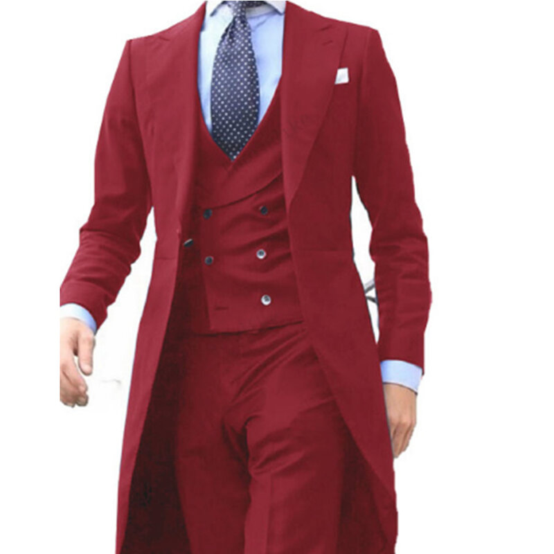 Terno de baile vermelho longo masculino, smoking suave, blazer de baile, jaqueta personalizada, colete, calças, design de casaco longo, nova chegada, 2022, 3 peças