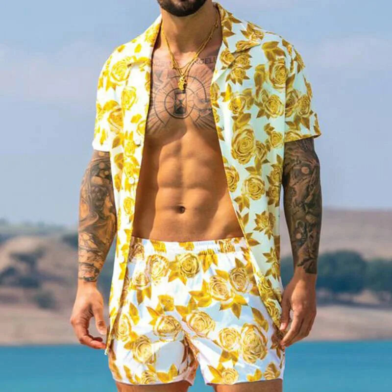 Herren hemd setzt 3D-Druck Patchwork Revers Kurzarm Freizeit hemd übergroße Strands horts Sommer Streetwear Hawaii Anzüge