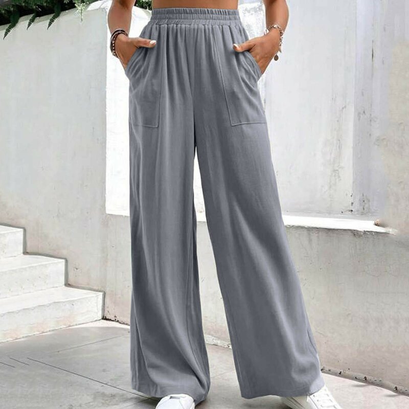 2024 Women Casual Wide Leg Pants Spring Summer Elastic Waist Solid Loose Fit Trousers Female Straight Sports Long Pants
