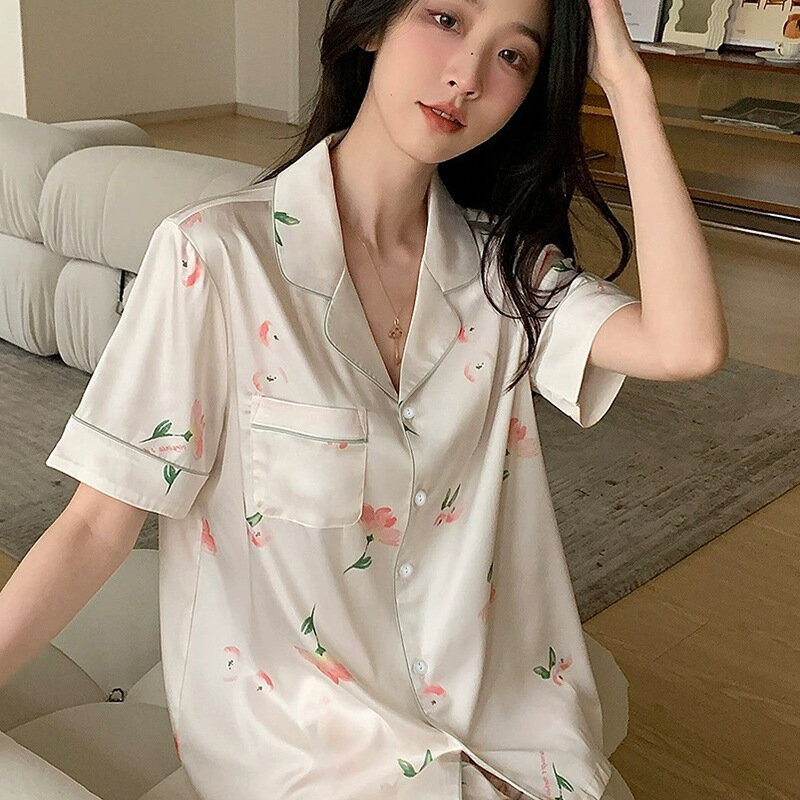Conjuntos de pijamas com estampa floral de 2 peças para mulheres, seda falsa, pijamas cetim com botões, manga curta, roupa doméstica para o verão