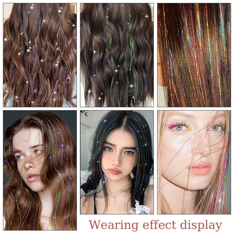 Tinsel rambut isi 6 buah klip di perada rambut perada Glitter warna-warni 20 inci ekstensi rambut Festival hadiah perada peri hiasan rambut
