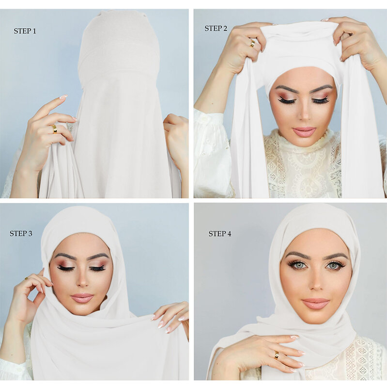 Hijab instantâneo Chiffon com capota, Cachecol Interno, estiramento Hijab, Corda Cap, Bolha, Pesado, Cor sólida, Headband, Capa