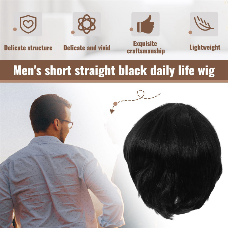 Mens short straight Black Daily life full wig