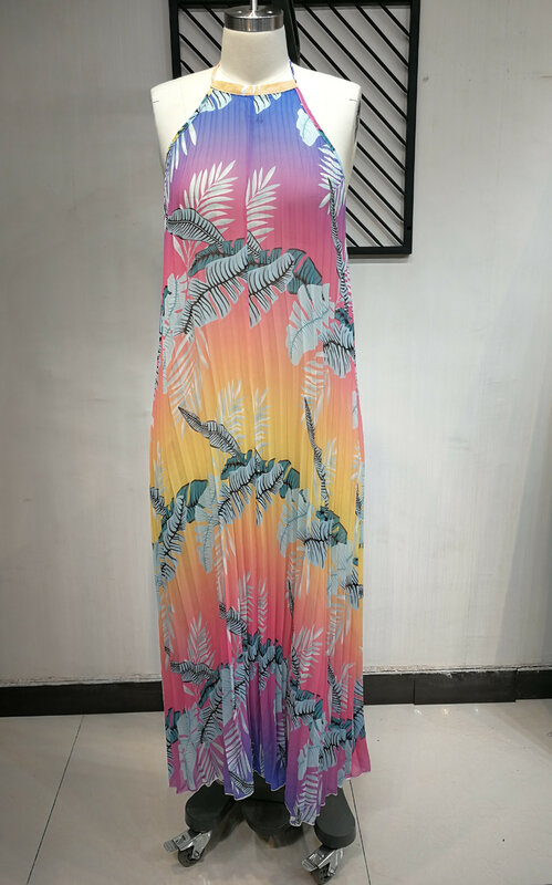 Plus Size sukienka kwiatowa Tie Dye plisowany Halter plażowy odzieży damskiej pulchny damski codzienny długa suknia 2023 letnie modne szeroka sukienka