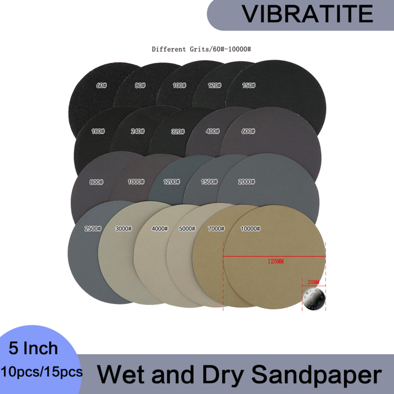 กระดาษทรายเปียกและแห้ง5นิ้ว10ชิ้น/15ชิ้นตะขอและห่วงแบบสุ่ม125มม. แผ่นขัดสำหรับแต่งไม้โลหะ