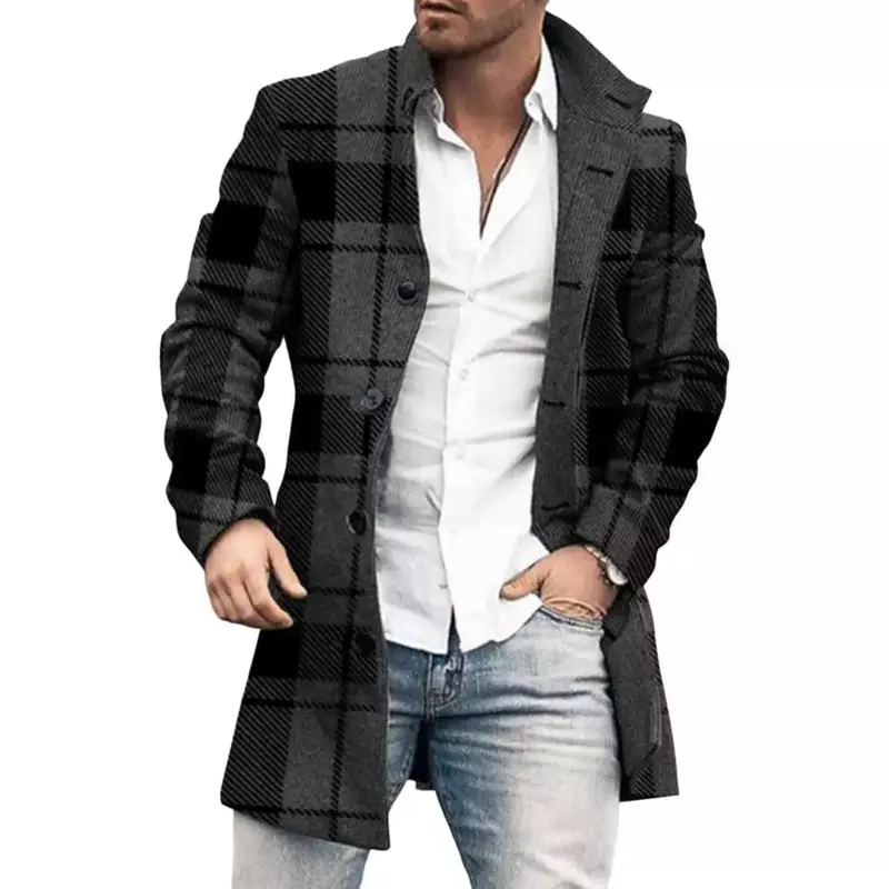 Мужское однобортное пальто в клетку, приталенный жакет средней длины с отложным воротником и длинными рукавами, теплый тренчкот с карманами