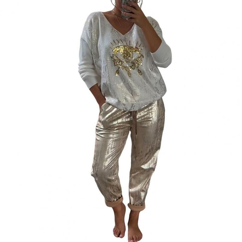 Women T-shirt Pants Set Women's Bronzing Loose Glossy Top Trousers Set with Side Pockets Sport Clothes for Outfit Long Sleeves